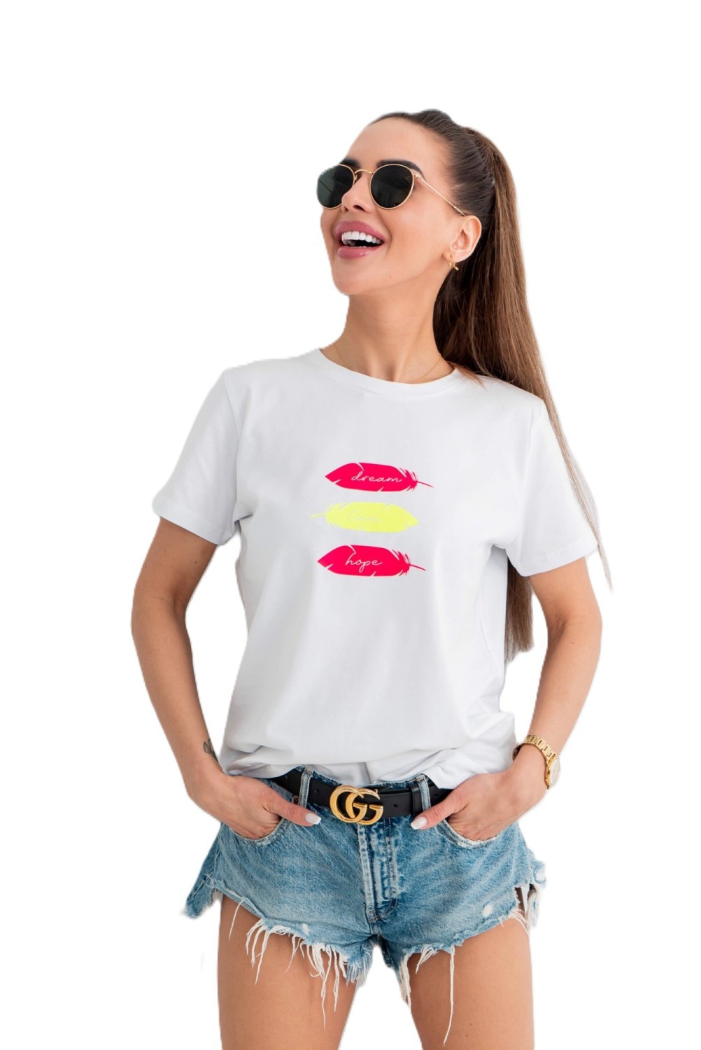 Biały t-shirt damski z nadrukiem pióra Tmc Moda