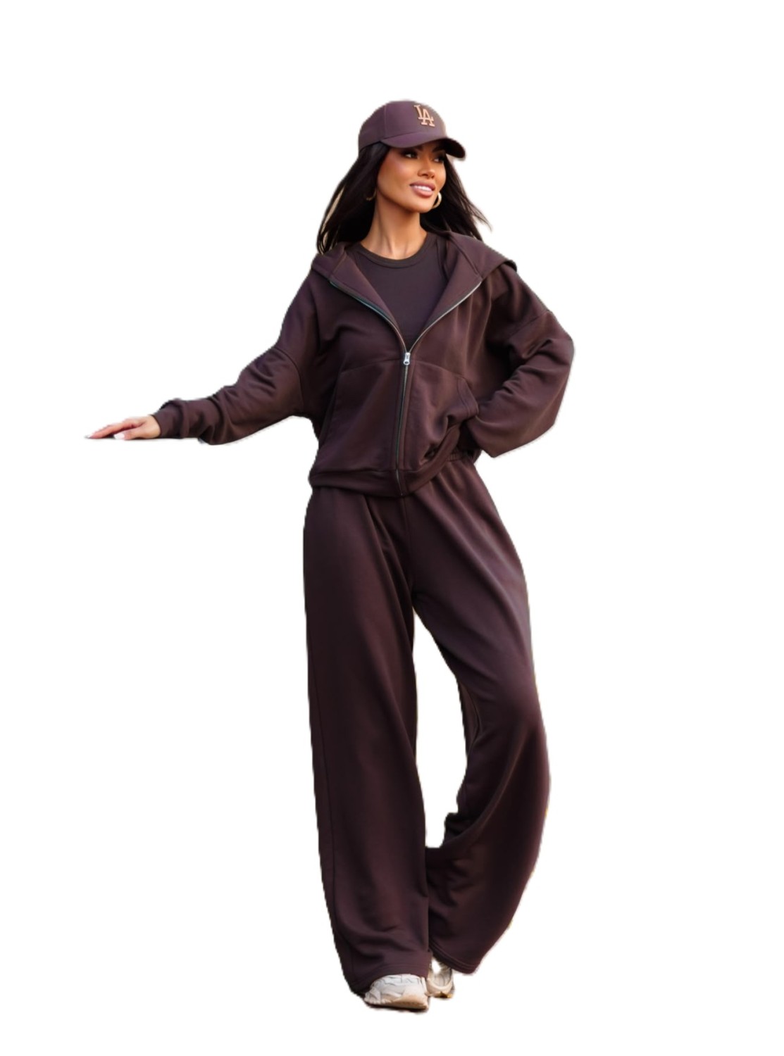 brązowy dres damski szerokie spodnie i bluza kaptur zamek komplet dresowy me gusta