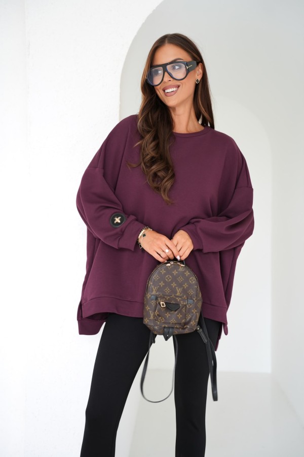 modna bluza damska oversize z naszywakmi mucha fioletowa śliwka me gusta