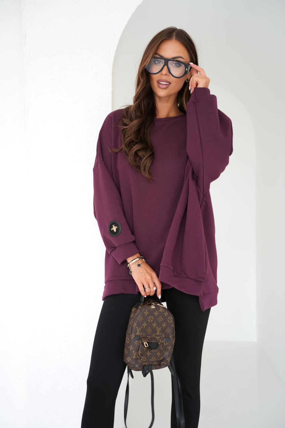 modna bluza damska oversize z naszywakmi mucha fioletowa śliwka me gusta