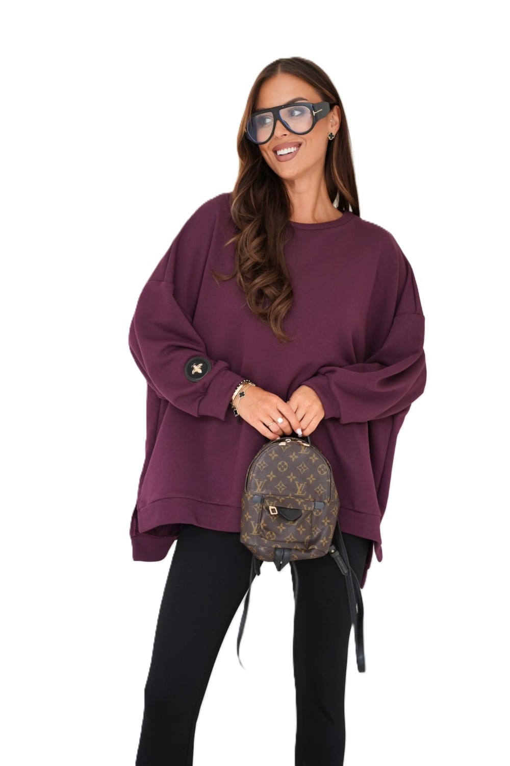 modna bluza damska oversize z naszywakmi mucha fioletowa śliwka me gusta