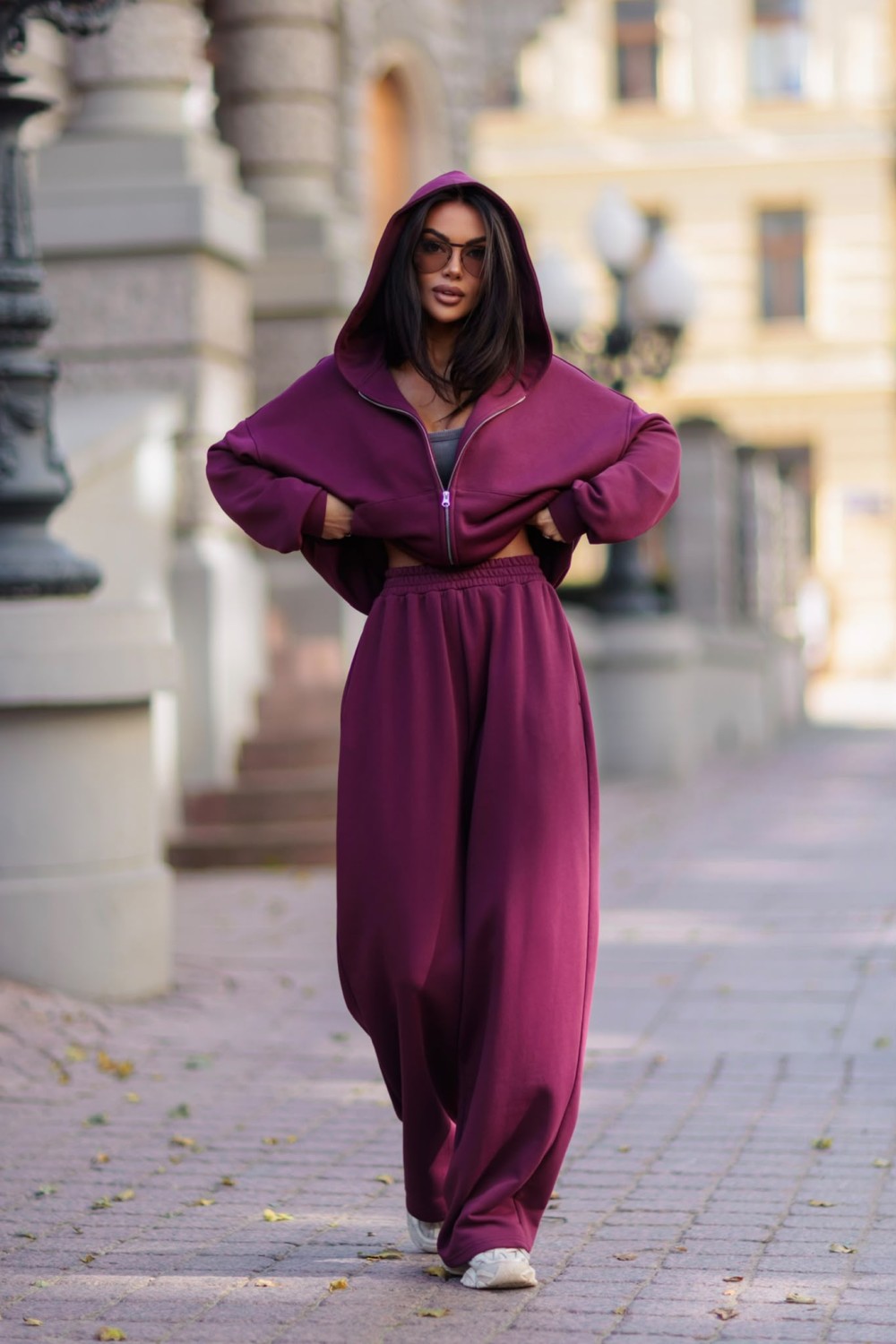 dres damski szerokie spodnie rozpinana bluza z kapturem me gusta