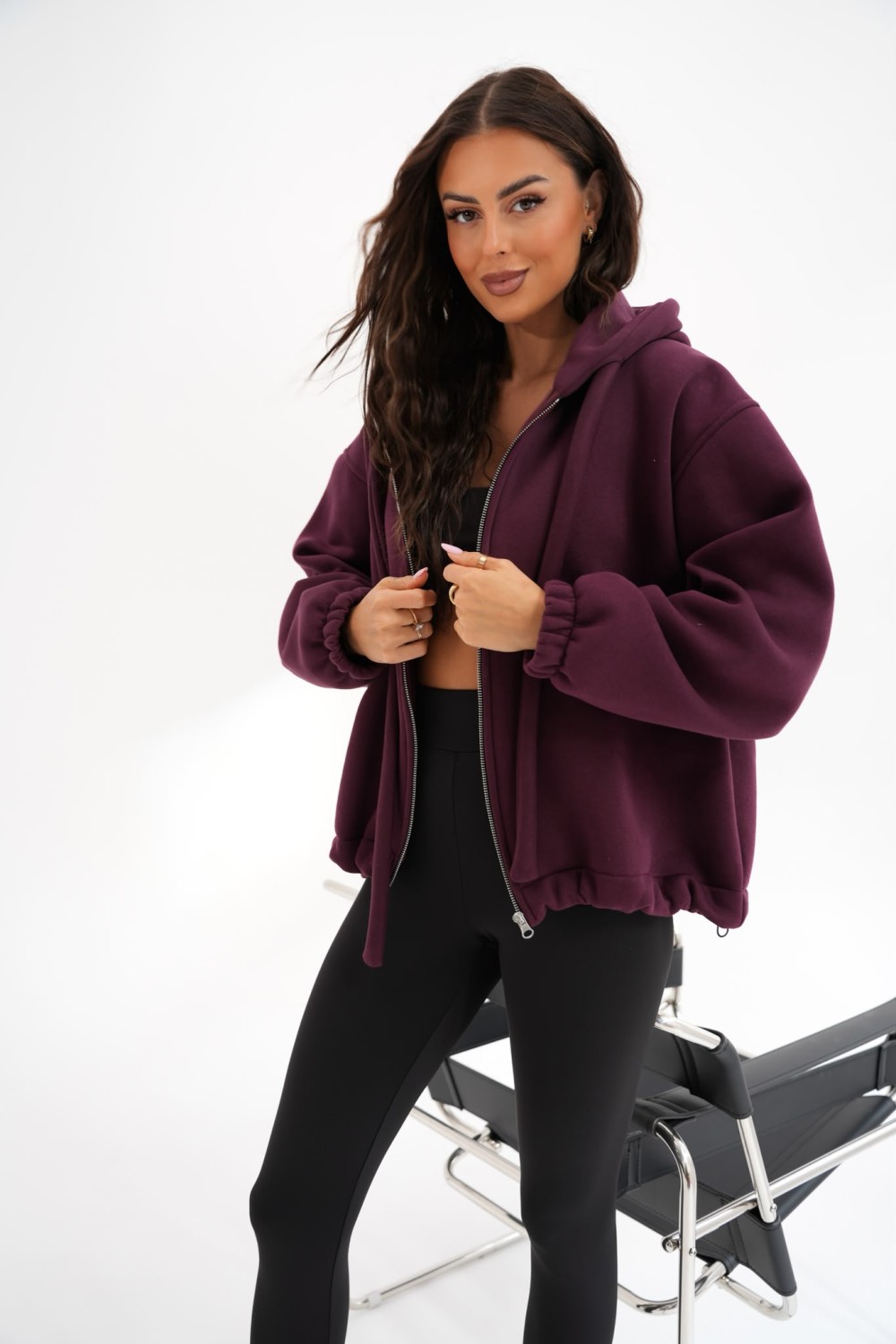 bluza damska rozpinana z regulacją ocieplana oversize śliwka me gusta